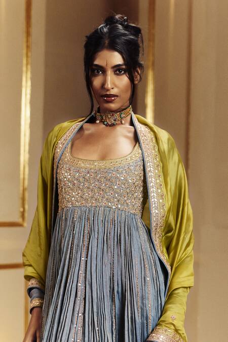 Shop_Punit Balana_Blue Tissue, Silk, Organza, Satin Embroidery, Zari Scoop Saleti Anarkali Set _Online_at_Aza_Fashions