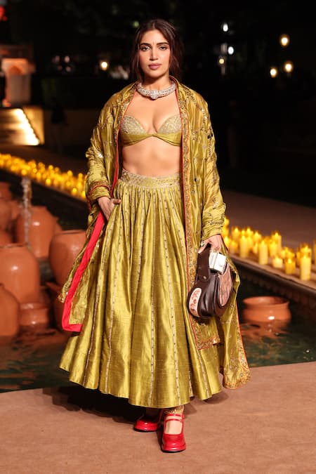 Punit Balana Olive Green Silk, Organza Mirrors, Heena Mirror-embellished Lehenga Set 
