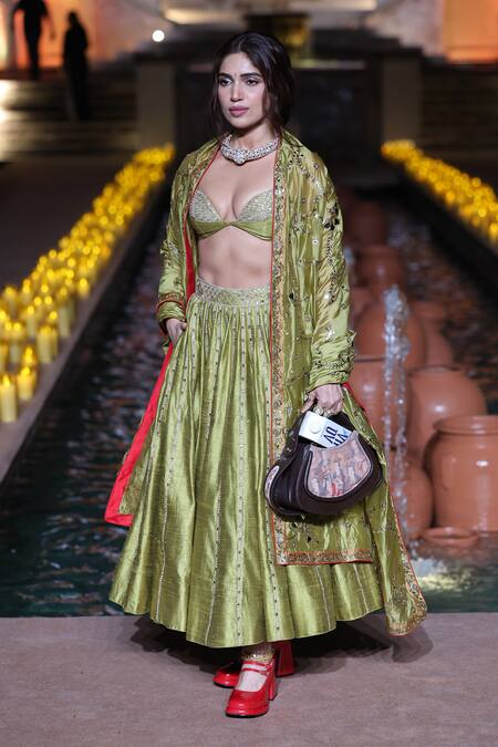 Punit Balana_Olive Green Silk, Organza Mirrors, Heena Mirror-embellished Lehenga Set _Online_at_Aza_Fashions