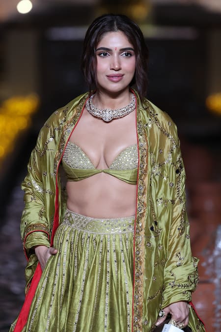 Shop_Punit Balana_Olive Green Silk, Organza Mirrors, Heena Mirror-embellished Lehenga Set _Online_at_Aza_Fashions