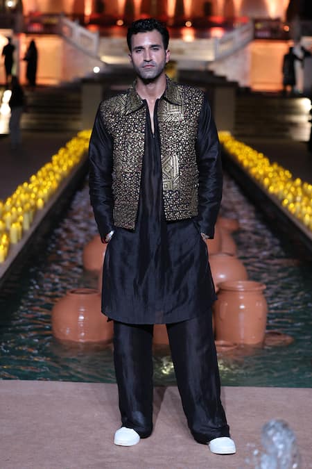 Punit Balana Black Chanderi Silk Embroidery Coin Jacket And Pant Set