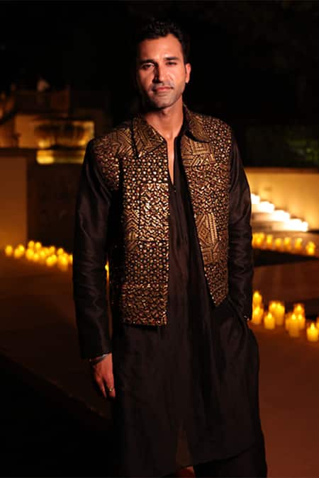 Punit Balana_Black Chanderi Silk Embroidery Coin Jacket And Pant Set _Online_at_Aza_Fashions