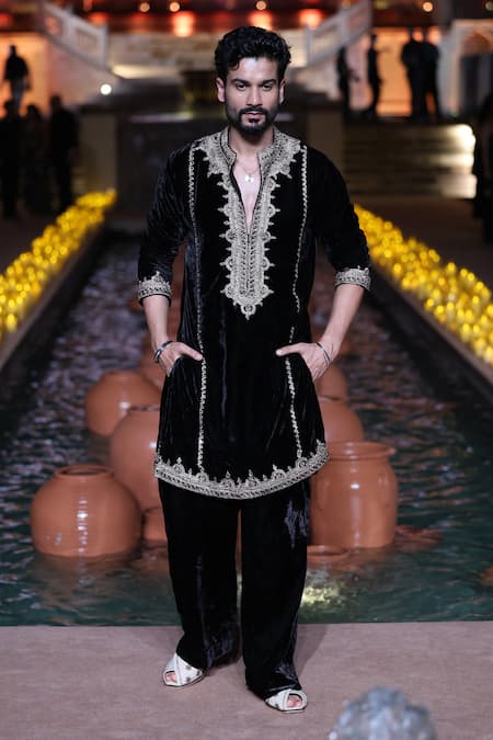 Punit Balana_Black Velvet Embroidery, Zari Dori Embellished Kurta With Pant _Online_at_Aza_Fashions