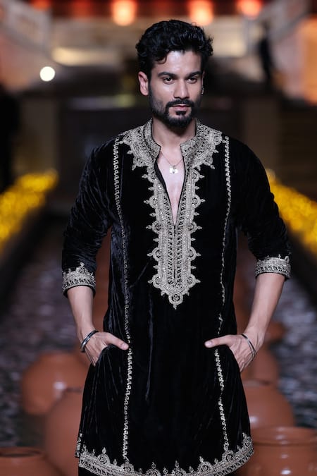 Buy_Punit Balana_Black Velvet Embroidery, Zari Dori Embellished Kurta With Pant _Online_at_Aza_Fashions