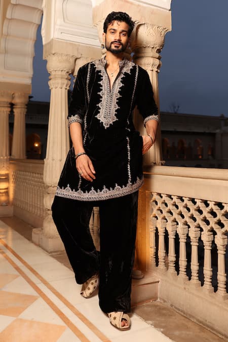 Shop_Punit Balana_Black Velvet Embroidery, Zari Dori Embellished Kurta With Pant _Online_at_Aza_Fashions