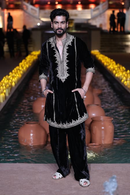 Punit Balana_Black Velvet Embroidery, Zari Dori Embellished Kurta With Pant _at_Aza_Fashions