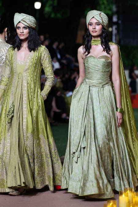 Punit Balana_Green Satin, Silk Sequins, Embroidery Bandhani Pattern Corset And Lehenga Set _Online_at_Aza_Fashions