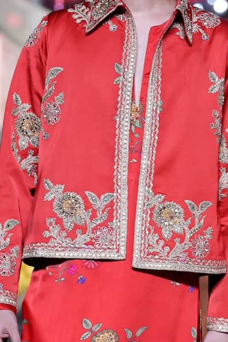Punit Balana_Red Satin, Silk Embroidery Surkh Laal Jacket Kurta Set _Online_at_Aza_Fashions
