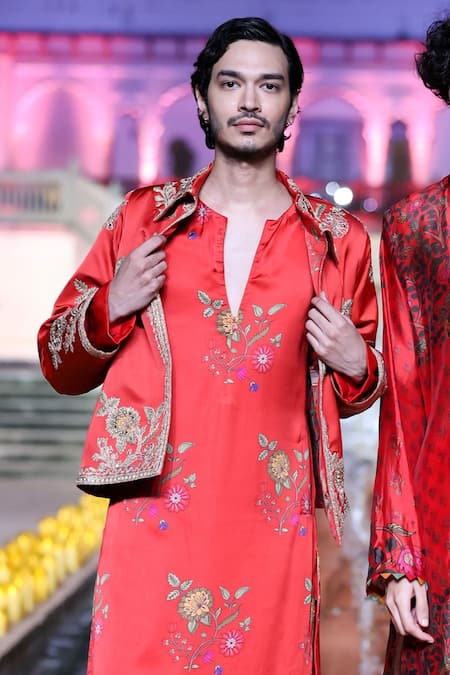 Buy_Punit Balana_Red Satin, Silk Embroidery Surkh Laal Jacket Kurta Set _Online_at_Aza_Fashions