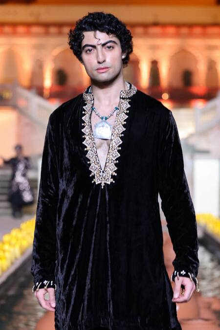 Punit Balana_Black Velvet Embroidery Kurta With Pant _Online_at_Aza_Fashions
