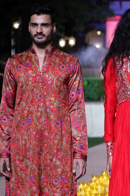 Punit Balana_Red Satin, Silk Embroidery, Mirrors Surkh Laal Kurta And Pant Set _Online_at_Aza_Fashions