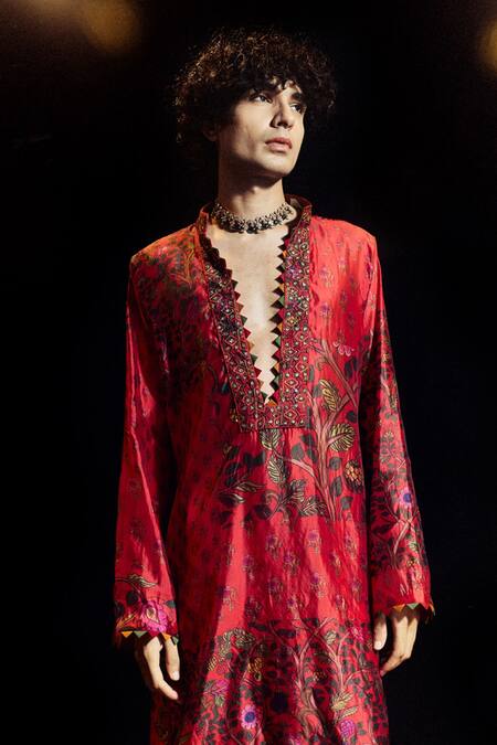 Punit Balana_Red Organza, Silk Embroidery, Foil Printing Abstract Kurta With Pant _Online_at_Aza_Fashions