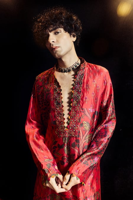 Buy_Punit Balana_Red Organza, Silk Embroidery, Foil Printing Abstract Kurta With Pant _Online_at_Aza_Fashions