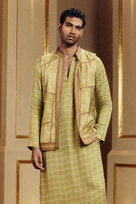 Punit Balana_Green Satin Embroidery Bandhani Pattern Bundi Kurta Set _Online_at_Aza_Fashions