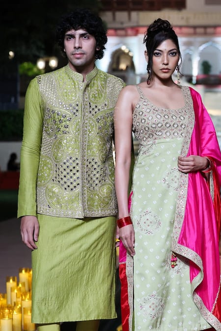 Punit Balana_Green Chanderi Silk, Tussar, Lycra Mirrors, Embroidery Work Bundi Kurta Set _Online_at_Aza_Fashions