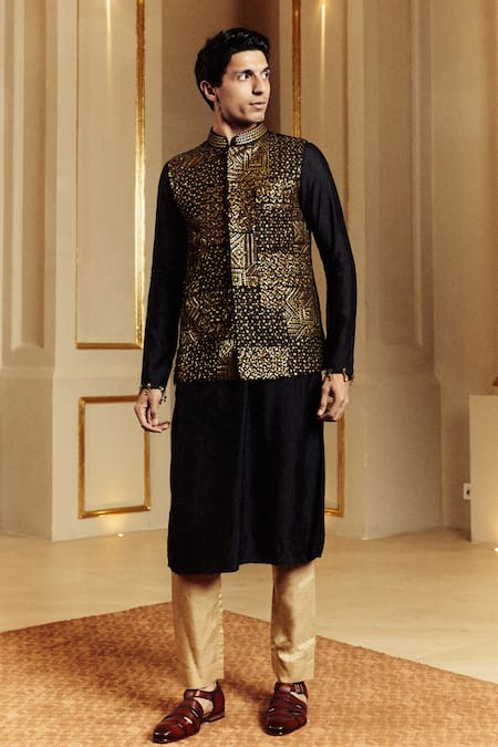 Punit Balana Black Chanderi Silk, Tussar, Lycra Embroidery Resham Work Bundi Kurta Set 
