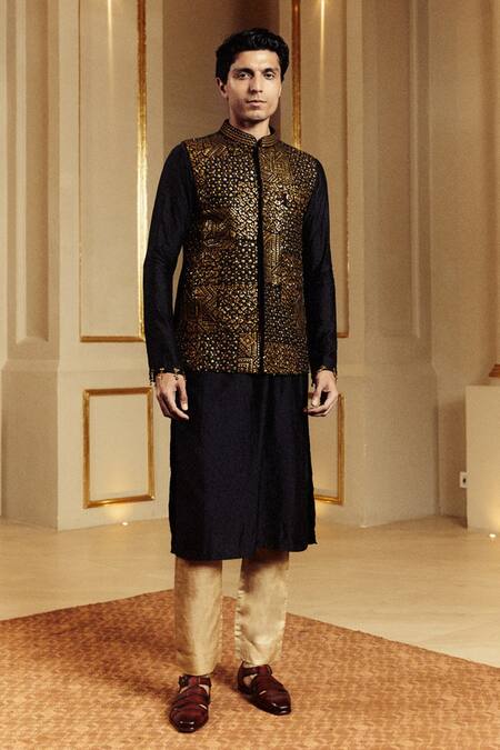 Punit Balana_Black Chanderi Silk, Tussar, Lycra Embroidery Resham Work Bundi Kurta Set _Online_at_Aza_Fashions