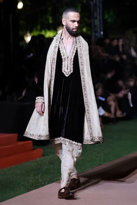Punit Balana Black Velvet, Tissue, Silk Embroidery Amer Kurta Set