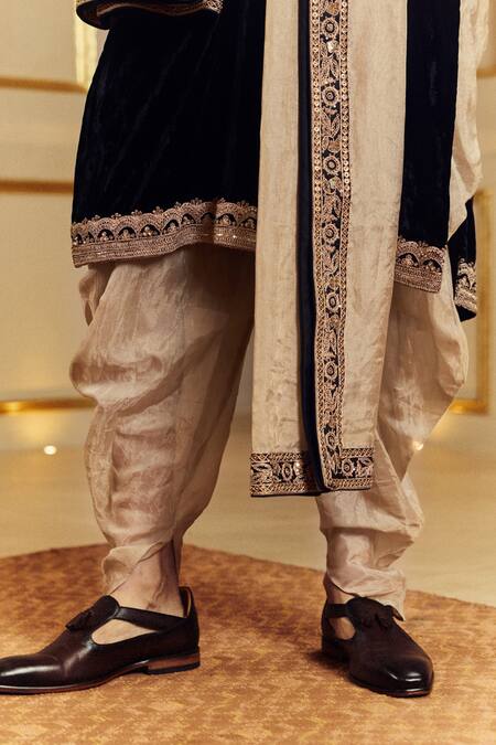 Punit Balana_Black Velvet, Tissue, Silk Embroidery Amer Kurta Set _Online_at_Aza_Fashions