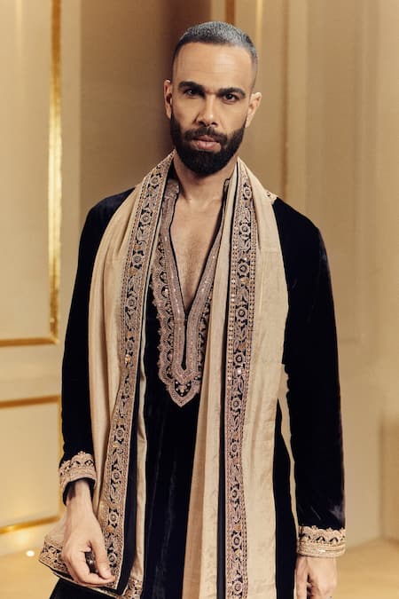 Buy_Punit Balana_Black Velvet, Tissue, Silk Embroidery Amer Kurta Set _Online_at_Aza_Fashions
