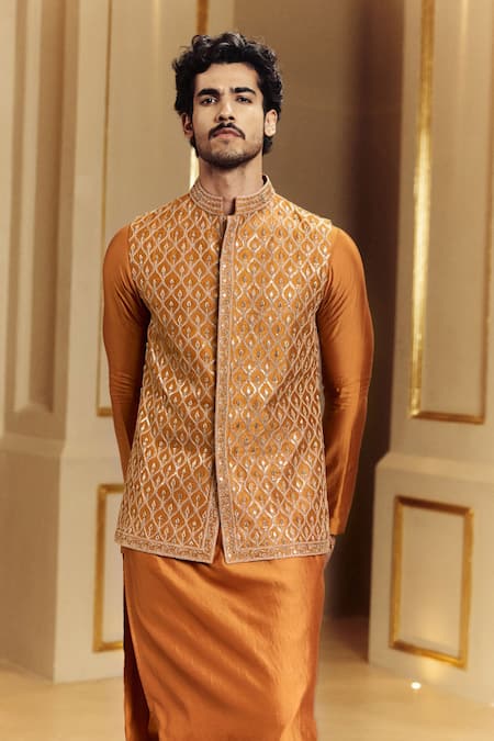 Punit Balana_Orange Silk, Lycra Embroidery, Gota Patti Hand Nehru Jacket Set _Online_at_Aza_Fashions