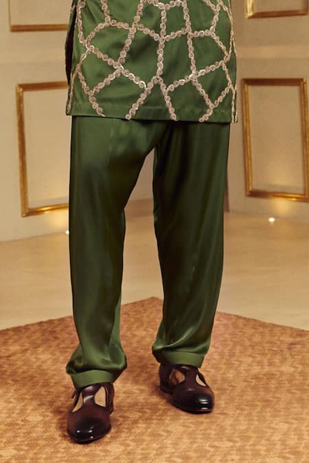 Punit Balana_Green Satin, Silk Embroidery Marodi Kurta With Pant _Online_at_Aza_Fashions