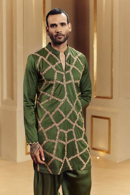 Buy_Punit Balana_Green Satin, Silk Embroidery Marodi Kurta With Pant _Online_at_Aza_Fashions