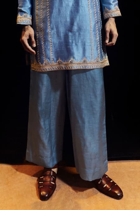 Punit Balana_Blue Silk, Satin, Linen Embroidery Saleti Kurta With Pant _Online_at_Aza_Fashions