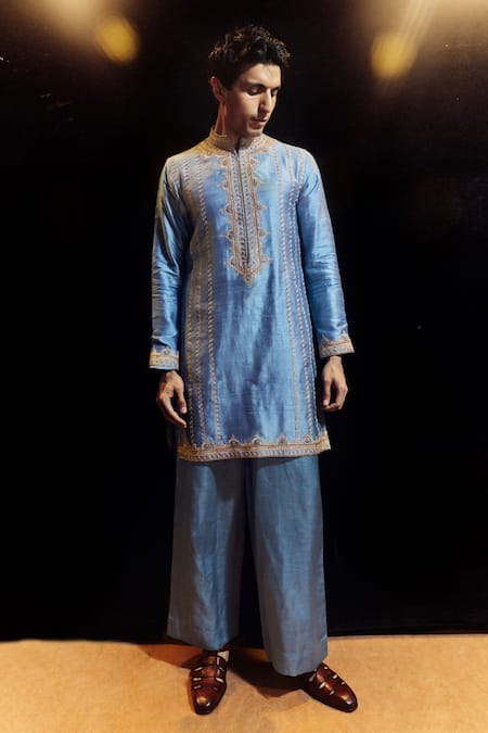 Punit Balana Blue Silk, Satin, Linen Embroidery Saleti Kurta With Pant 