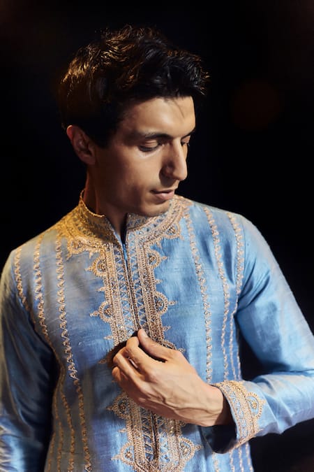 Buy_Punit Balana_Blue Silk, Satin, Linen Embroidery Saleti Kurta With Pant _Online_at_Aza_Fashions