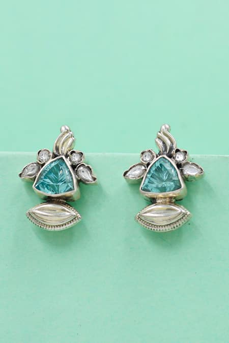Sangeeta Boochra Blue Stones Aqua Bloom Silver Earrings 
