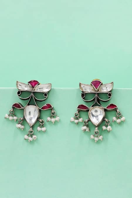 Sangeeta Boochra Silver Plated Stones, Pearls Heritage Kundan Earrings 