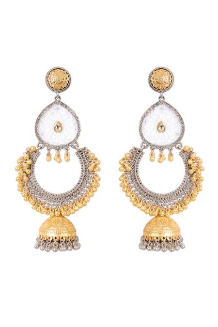 Shop Auraa Trends Gold Plated Beads And Silver-plated Chandbali Earrings at Aza Fashions Shop_Auraa Trends_Gold Plated Beads And Silver-plated Chandbali Earrings_at_Aza_Fashions