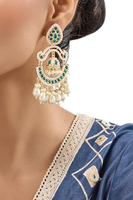 Auraa Trends_Green Stones, Pearls Chandbali Earrings_Online_at_Aza_Fashions