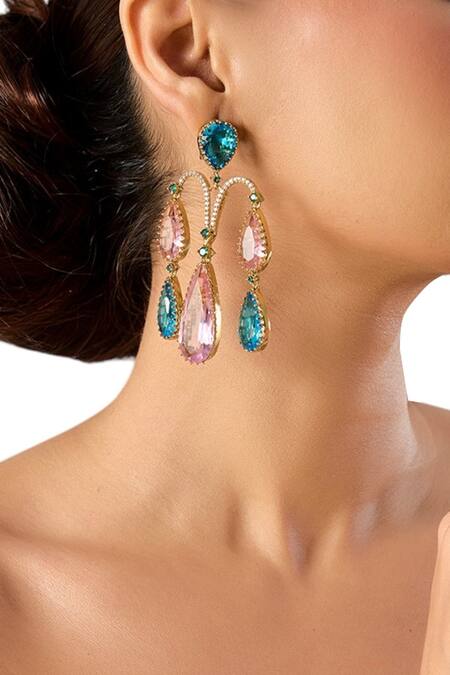 Auraa Trends_Multi Color Crystals, Stones Teardrop Dangler Earrings_Online_at_Aza_Fashions