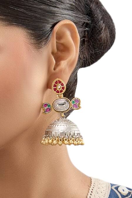 Auraa Trends_Multi Color Stones, Beads Dual-tone Oxidized Jhumka Earrings_Online_at_Aza_Fashions