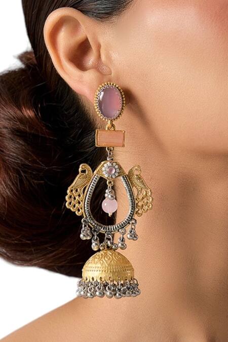 Auraa Trends_Gold Plated Stones, Beads Gold-tone Dual Peacock Jhumka Earrings_Online_at_Aza_Fashions