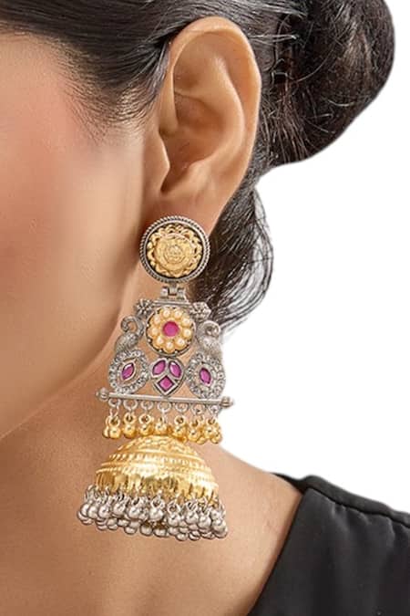 Auraa Trends_Gold Plated Stones, Pearls, Beads Handcrafted Dual Temple Jhumkas_Online_at_Aza_Fashions
