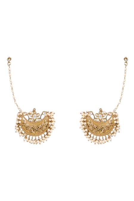 Shop Auraa Trends Gold Plated Pearls, Stones Embellished Ear Chain Chandbalis at Aza Fashions Shop_Auraa Trends_Gold Plated Pearls, Stones Embellished Ear Chain Chandbalis_at_Aza_Fashions