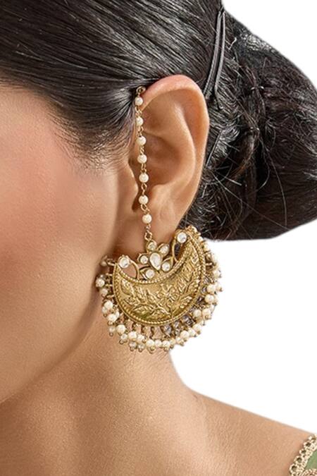 Auraa Trends Gold Plated Pearls, Stones Embellished Ear Chain Chandbalis Online at Aza Fashions Auraa Trends_Gold Plated Pearls, Stones Embellished Ear Chain Chandbalis_Online_at_Aza_Fashions