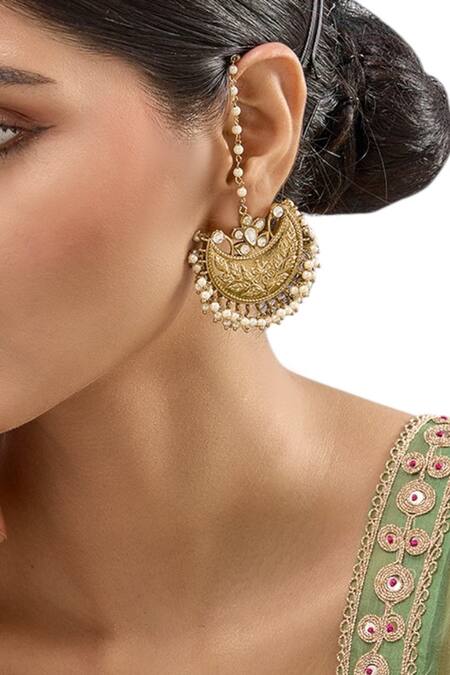 Buy Auraa Trends Gold Plated Pearls, Stones Embellished Ear Chain Chandbalis Online at Aza Fashions Buy_Auraa Trends_Gold Plated Pearls, Stones Embellished Ear Chain Chandbalis_Online_at_Aza_Fashions