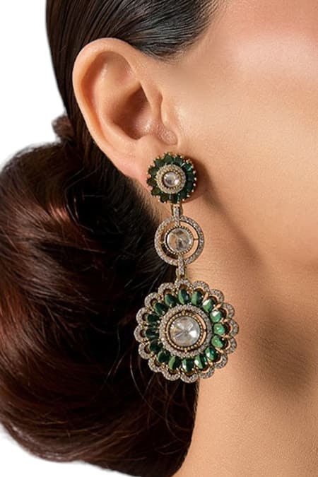 Auraa Trends_Green Stones, Crystals Kundan Floral Danglers_Online_at_Aza_Fashions