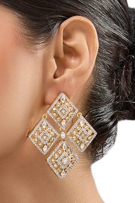 Auraa Trends_Gold Plated Stones White Kundan Studded Square Drop Earrings_Online_at_Aza_Fashions