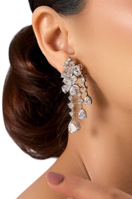 Auraa Trends_Silver Plated Faux Diamonds, Crystals American Floral Drop Earrings_Online_at_Aza_Fashions