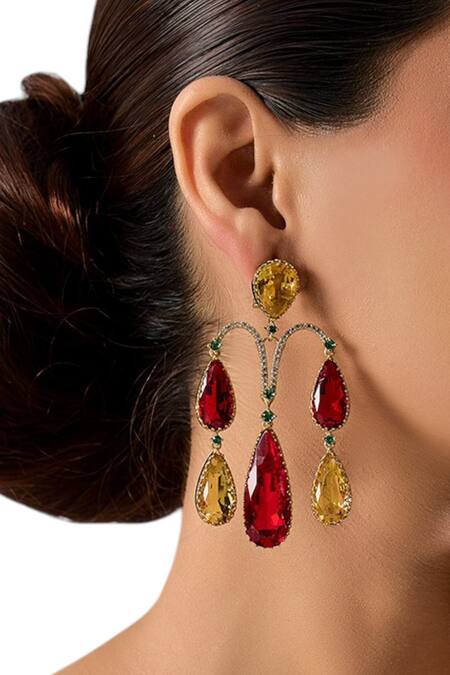 Auraa Trends_Multi Color Gemstones, Crystals Red And Yellow Statement Teardrop Earrings_Online_at_Aza_Fashions