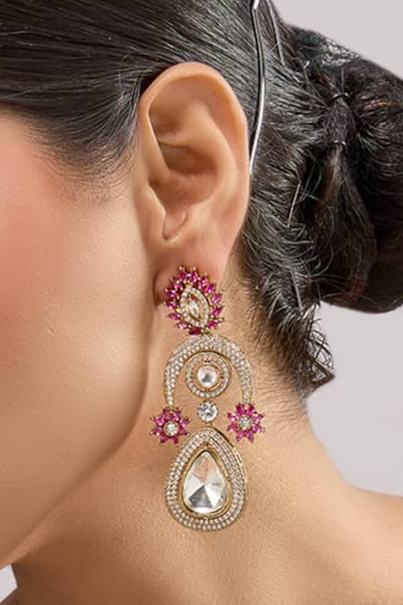 Auraa Trends_Pink Stones, Crystals, Gold-plated Teardrop Kundan Earrings_Online_at_Aza_Fashions