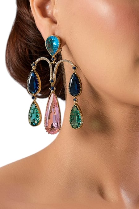 Auraa Trends Multi Color Crystals, Stones Multi-color Teardrop Statement Earrings 