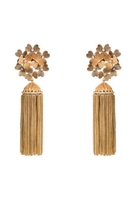 Shop Auraa Trends Gold Plated Stones Floral Tassel Earrings at Aza Fashions Shop_Auraa Trends_Gold Plated Stones Floral Tassel Earrings_at_Aza_Fashions
