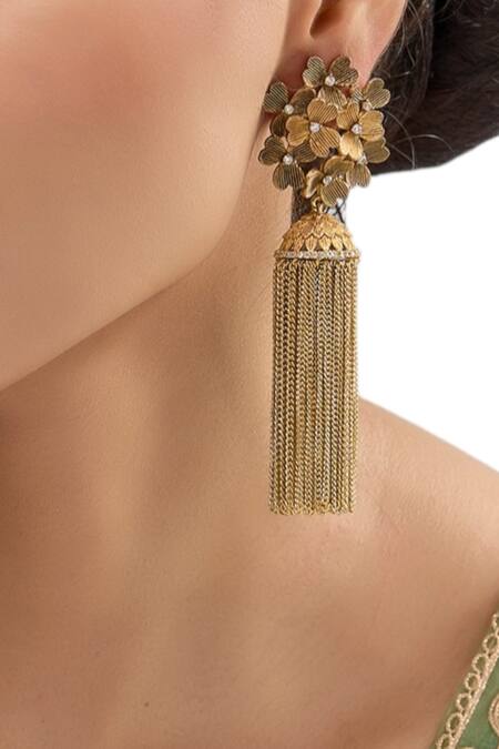 Auraa Trends Gold Plated Stones Floral Tassel Earrings Online at Aza Fashions Auraa Trends_Gold Plated Stones Floral Tassel Earrings_Online_at_Aza_Fashions