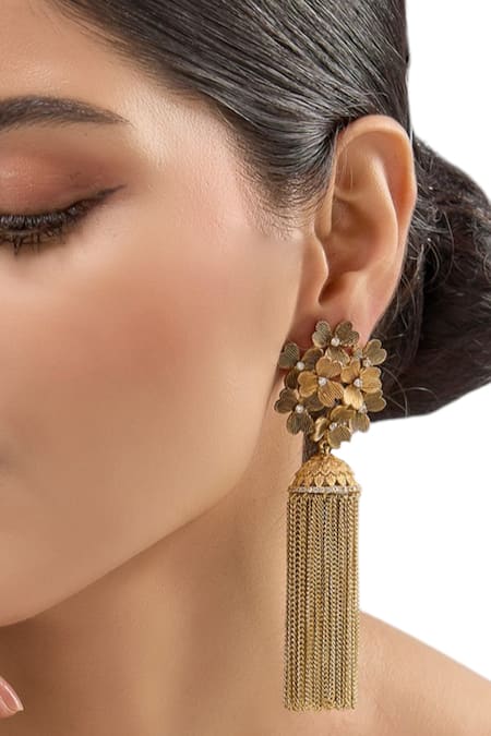 Auraa Trends Gold Plated Stones Floral Tassel Earrings 